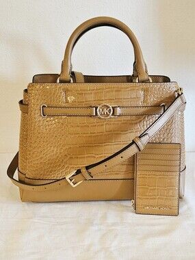 Michael Kors Camel Croc-Embossed Satchel with Card Holder